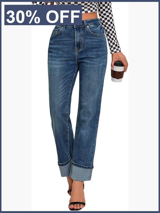 Denim - High Waisted Straight Leg Jeans Tummy Control Stretchy Ankle Fold Hem